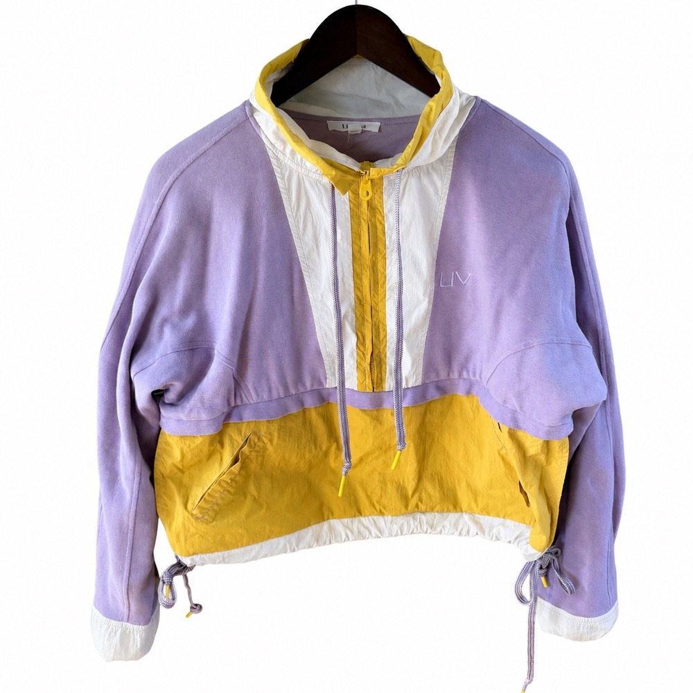 LIVOM Womens Colorblock Quarter Zip Terry Nylon Pullover Jacket Purple Yellow XS